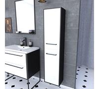 Colonne de salle de bain NOIR MAT 30x35x150 cm avec 2 portes blanches et poignées noir mat