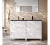 Meuble de salle de bains 120cm Blanc 6 Tiroirs et Vasque Double Céramique Noire - XENOS