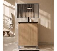 AURLANE Meuble de Salle de Bains 50cm 2 Portes Chêne Clair, Vasque Noire et Miroir Cadre Noir 50x70 - Xenos
