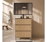 AURLANE Meuble de Salle de Bains 50cm 3 tiroirs Chêne Clair, Vasque Noire et Miroir Cadre Noir 50x70 Xenos