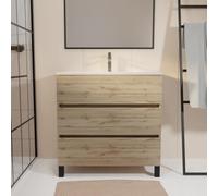 Meuble de salle de bains 70 cm TIMBER - Décor Chêne Naturel 3 tiroirs avec Vasque blanche