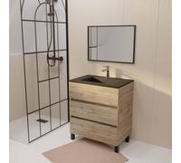 Meuble de salle de bains 70 cm TIMBER - Décor Chêne Naturel 3 tiroirs avec Vasque noire