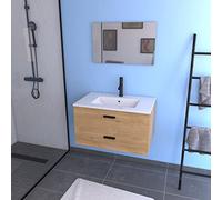 AURLANE Meuble Salle de Bain 80 cm Monte Suspendu Decor Bois H46xL80xP45cm - avec tiroirs - Vasque et Miroir