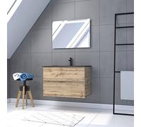 AURLANE Meuble Salle de Bain 80x54 - Finition Chene Naturel + Vasque Noire + Miroir LED - Timber 80 - Pack12