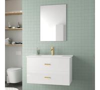 AURLANE Meuble Salle de Bains 80 cm Laqué Blanc et Or Doré à Tiroirs avec Vasque Céramique et Miroir