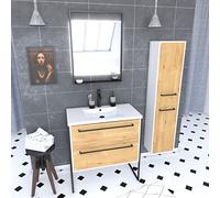 AURLANE Meuble Salle de Bains 80 cm, Vasque Blanche, Miroir LED et Colonne - Blanc et Chêne - STRUCTURA