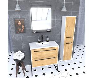 AURLANE Meuble Salle de Bains 80 cm, Vasque Blanche, Miroir LED et Colonne - Blanc et Chêne - STRUCTURA