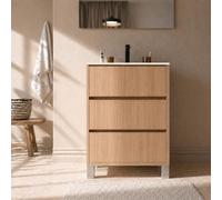 Pack Meuble Salle de Bains 70cm Chêne Clair 3 tiroirs avec Vasque Céramique Blanche - XENOS