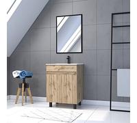 AURLANE Pack Meuble SDB 60cm sur Pieds 2 Portes Chene_Vasque Blanche + Miroir - Timber 60_Pack03