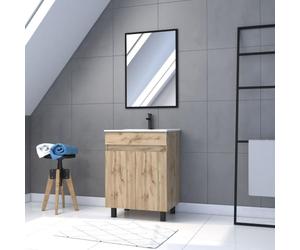 AURLANE Pack Meuble SDB 60cm sur Pieds 2 Portes Chene_Vasque Blanche + Miroir - Timber 60_Pack03