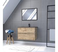 AURLANE Pack Meuble SDB 80cm Suspendu 2 tiroirs Chene_Vasque Noire + Miroir - Timber 80_Pack11