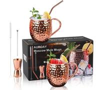 AUROAY 2 Pcs Moscow Mule Tasses Cuivre 550 ml avec 2 Pailles, 2 Bâtons à Vin,Tasse à Mesurer et Pinceau, Verres à Cocktail, Ensemble de Mugs Moscow Mule pour Rhum, Boissons, Bar, Fête
