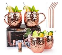 AUROAY 4 Pcs Moscow Mule Tasses Cuivre 550 ml avec 4 Pailles, 4 Bâtons à Vin, Tasse à Mesurer et Pinceau, Verres à Cocktail, Ensemble de Mugs Moscow Mule pour Rhum, Boissons, Bar, Fête