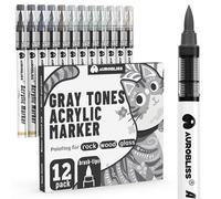 Aurobliss Feutre Acrylique Peinture Gris, 12 Stylo Peinture Feutre sur Verre, Metal,Bois, Ceramique, Tissus, Toile, Galet Permanent Acrylique Brush