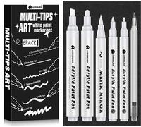 Aurobliss Stylo Blanc pour Art 6 pièces, ensemble de stylos à peinture blanche opaque avec stylo à pinceau, Fineliner, stylos à peinture acrylique à pointe biseautée/moyenne/fine pour l'écriture sur