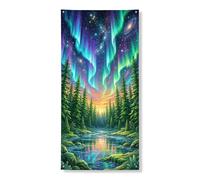 Aurora Borealis Bannière décorative pour porte - Paysage de forêt enchantée - Décoration saisonnière pour intérieur et extérieur - 91,4 x 183 cm