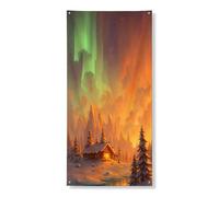 Aurora Borealis Couverture de porte décorative, paysage d'hiver confortable Scène de cabane intérieure ou extérieure, décoration de vacances, fournitures de festival de Noël 91,4 x 183 cm