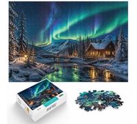 Aurora Borealis Over Snowy Forest and River Puzzle, 1000 pièces | Pour les w nds tranquilles : ce puzzle 1000 pièces adulte convient aux soirées et aux w nds.