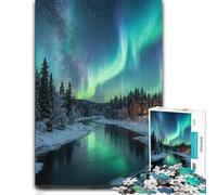 Aurora Borealis Over Snowy Forest and River Puzzle, 1000 pièces | Un puzzle imprimé détaillé pendant les vacances, pour un moment calme.
