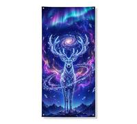 Aurora Deer Couverture de porte Bannière décorative Forêt mystique cosmique Décoration murale d'intérieur ou d'extérieur Décoration de vacances d'hiver 91,4 x 183 cm