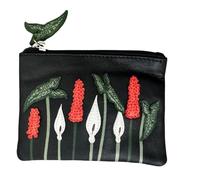 Aurora Floral Porte-monnaie par Mala - Petit portefeuille en cuir véritable avec fleurs appliquées, protection RFID, fente pour cartes et porte-clés - 12 x 8,5 x 1 cm - Noir