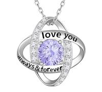 Aurora Tears Collier avec pendentif en forme de nœud d'amour en argent sterling 925 avec pendentif en forme de nœud double cercle avec pierre de naissance en oxyde de zirconium coupe feu d'artifice
