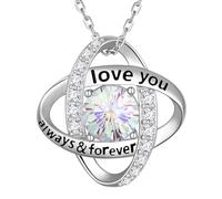 Aurora Tears Collier avec pendentif en forme de nœud d'amour en argent sterling 925 avec pendentif en forme de nœud double cercle avec pierre de naissance en oxyde de zirconium coupe feu d'artifice