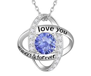 Aurora Tears Collier avec pendentif en forme de nœud d'amour en argent sterling 925 avec pendentif en forme de nœud double cercle avec pierre de naissance en oxyde de zirconium coupe feu d'artifice