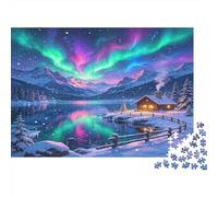 Aurores Boréales Chalet Lac Montagnard Puzzle 1000 Pièces Papier pour Adultes Paysage Nocturne Relax Famille Décor Maison Cadeau 52x38cm/1000pcs