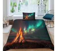 Aurores boréales Ensemble De Literie Trois Pièces Feu de Joie Viking sur la Plage Imprimés en 3D, Housse De Couette + Taies d'oreiller pour Adultes Enfants Single（135x200cm）