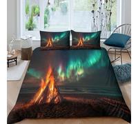 Aurores boréales Parure De Lit Housse De Couette en Microfibre + Taies D'oreillers, 3D Imprimé De Feu de Joie Viking sur la Plage Sets De, pour Filles Garçon King（220x240cm）