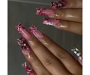 Auroriel 24 Pcs Long Square Press On Nails Rose French Tip avec Motif Crocodile Faits Main 3D Fleurs Strass Ongles Art Pleine Surface Autocollants Ensemble Ongles Acryliq
