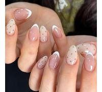 Auroriel 24 Pièces Acrylique Press-On Ongles Blancs Français avec Points Bruns Design Polka Dot Éclatant Full Cover Réutilisables Ongles Artificiels pour Femmes Manucure