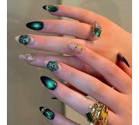 Auroriel 24 Pièces Courtes Amandes Forme Fleurs Ongles Pressés Avec Design Yeux De Chat Verts Ongles Syntétiques Kit Ongles Acryliques Pleine Surface Pour Femmes Manucure