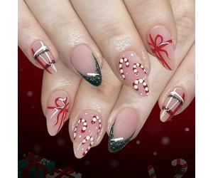 Auroriel 24 Pièces Noël Ongles Auto-adhésifs Moyenne Amande Faux Ongles Avec Design Cadeau Vert Paillettes French Tips Coller Sur Ongles Stylos Rouges Coller Sur Ongles H