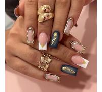 Auroriel 24 Pièces Ongles Artificiels 3D French Tip Blanc Or Métal Rose Design, Ongles Fake Acryliques à Coller, Lignes Irégulières Press On Tips, Ongles Artificiels Réut