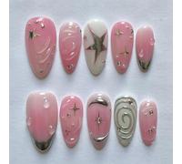 Auroriel 24 pièces ongles courts en amande pressés rose avec design 3D étoile et cercle faux ongles acryliques réutilisables couverture complète pour femmes fête quotidie