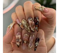 Auroriel 24 pièces ongles en press-on longue durée forme amande marron avec fleurs et charms dorés, faux ongles artisanaux 3D réutilisables pour femmes