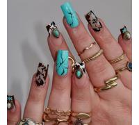 Auroriel 24 Pièces Ongles Press On Réutilisables Longs Carrés Style Western Cowgirl Motif Lait Turquoise Bleu Rétro Brillant Artificiels À Coller DIY Kit Manucure Pour Fe