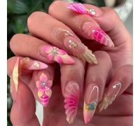 Auroriel 24 pièces ongles pressés amande rose avec design coquillages & fleurs, French Tip strass, forme amande style marin faux ongles réutilisables pour femmes vacances
