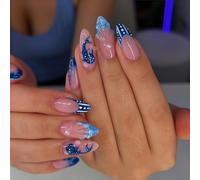 Auroriel 24 pièces ongles pressés amande taille moyenne automne mignon requin baleine 3D rose bleu gel faux ongles réutilisables set manucure