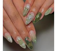 Auroriel 24 pièces ongles pressés amande taille moyenne Dégradé vert Feuille de lotus Poisson doré Design 3D Faux ongles en gel réutilisables Set de manucure