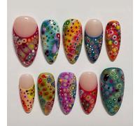 Auroriel 24 pièces ongles pressés medium amande French tip avec designs d'ailes de papillon colorés faux ongles acryliques réutilisables pleine couverture pour femmes fêt