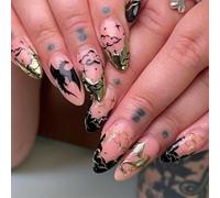 Auroriel 24 pièces ongles pressés moyen amande Halloween dragon chauve-souris dorure French tip noir gothique paillettes étoiles gel ongles réutilisables