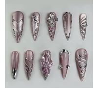 Auroriel 24 pièces ongles pressés stiletto longs avec design 3D cœurs, fleurs et ailes de papillons, faux ongles acryliques réutilisables couverture complète pour femmes