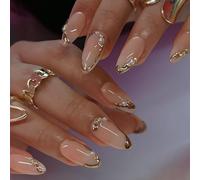 Auroriel 24 Stück Press-on-Nägel French Tip mit Goldlinien-Design Wiederverwendbar Glänzende Acryl-Vollcover-Künstliche Nägel in Mittellänge Maniküre-Set