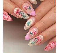 Auroriel 30 Pièces Noël Amande Presse Sur Ongles Français Pointe Rouge Carreaux Avec Sucre Berger Érable Motifs Autocollants Ongles Jolis Hiver Xmas Faux Ongles Pour Manu