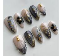 Auroriel 30 Pièces Set d'Ongles Stylés en Amande Mi-Longs 3D Marbre Feuille d'Or Pointe Française à Coller Élégante Manucure pour Femmes Ongles Fantaisie Réutilisables Pl