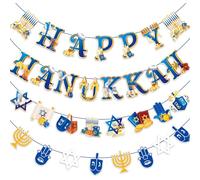 Auroriel 4Pcs Banderole Joyeux Hanoukka Décoration Chanukka, Bannière en Bleu-Doré, avec Étoile de David & Ménorah pour Fête Juive, Panneau de Porte, Fenêtre, Mur