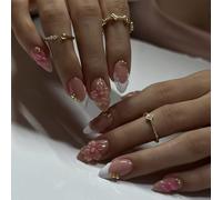 Auroriel Rosa Moyenne Amande Faux Ongles 24 Pièces Faits Main Acrylique Design Fleurs Blanc Apparence Ongles Naturels Courtes Ongles Art À Coller Pour Femmes Mariée Fête